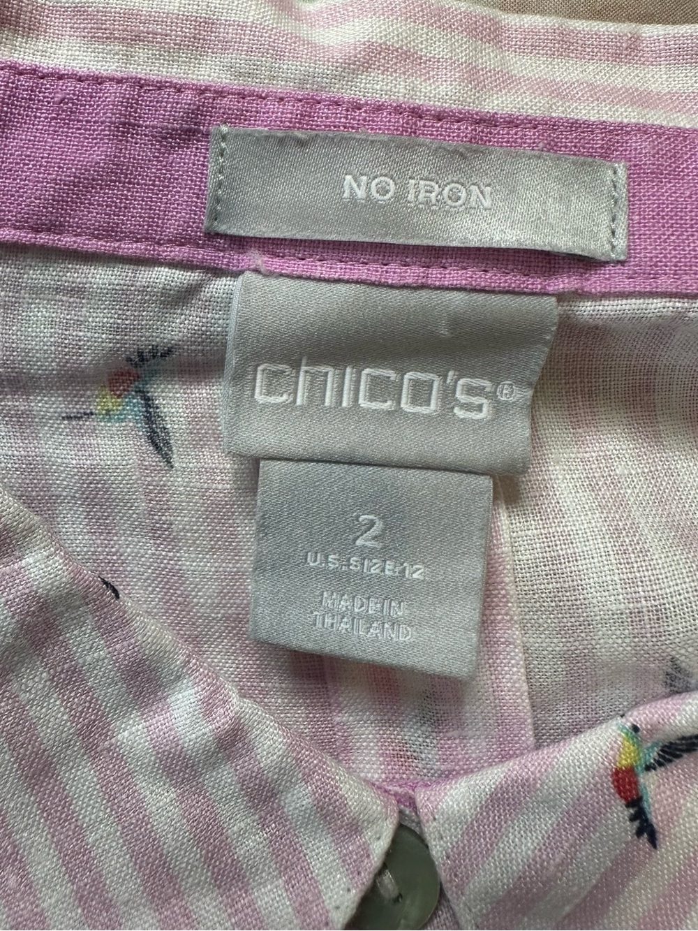 Chico’s No Iron 100% Linen Pink Stripe Birds Button Front Shirt 3/4 Sleeve Sz L - Picture 5 of 8